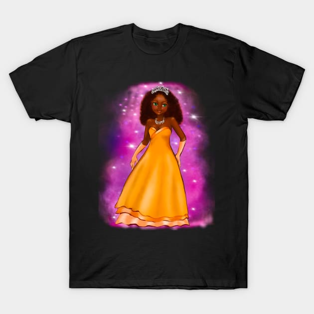 Black anime princess  ! black girl with Afro hair, green eyes, and dark brown skin. Hair love !on pink background T-Shirt by Artonmytee